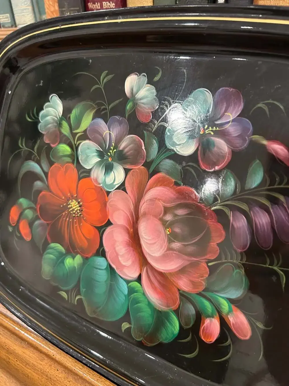 Vintage USSR Soviet Hand Painted Metal Floral Serving Tray